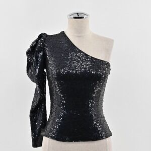 Lovers and Friends Womens Shaline Black‎ Sequin Top Size XS One Shoulder Blouse